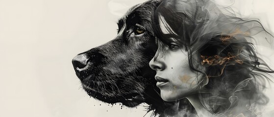 Graphic realistic image of a girl and her dog. Copy space.