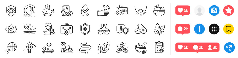 Chin, Rubber gloves and Dermatologically tested line icons pack. Social media icons. Medical analytics, Eye protection, Cardio bike web icon. Organic tested, Eye checklist, Skin care pictogram. Vector