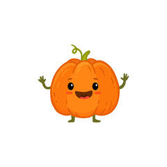Cute cartoon pumpkin. Halloween pumpkin with a smile. Funny vegetable character isolated on white background. Doodle style. Flat. Vector illustration  