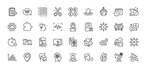 Report, Medical prescription and Money currency line icons pack. AI, Question and Answer, Map pin icons. Square meter, Yoga, Time management web icon. Vector