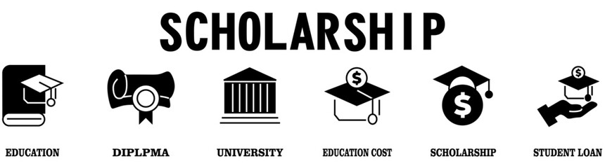 Scholarship banner with icons. vector icons of Education, Diploma, University, Education Cost, Scholarship, and Student Loan. Vector Illustration.