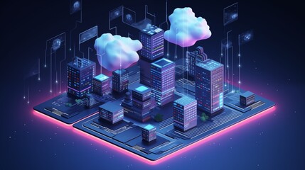Isometric 3D AI data center with cloud computing elements, vector design