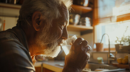 Senior man drinking water in the kitchen.