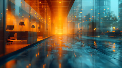 Fototapeta premium abstract office scene with a soft blurry effect showing desks chairs and monitors out of focus captured using HighSpeed Photography and InBody Image Stabilization for a serene calming effect