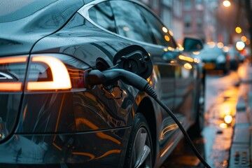 Obraz premium Closeup of an ev being charged on a busy city street as evening falls, highlighting sustainable transport