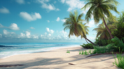 Obraz premium A beautiful beach with palm trees and a clear blue sky