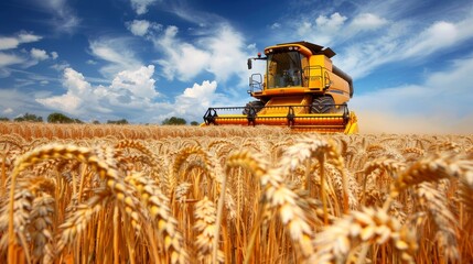Combine harvester harvesting wheat in field, leaving row of sheaves   successful farming day