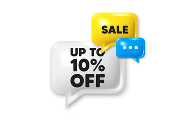 Discount speech bubble offer 3d icon. Up to 10 percent off sale. Discount offer price sign. Special offer symbol. Save 10 percentages. Discount tag discount offer. Speech bubble sale banner. Vector