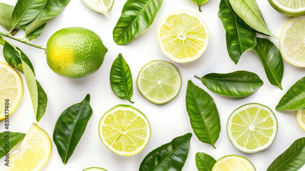 Poster lime and lemon images on tree branches and white background