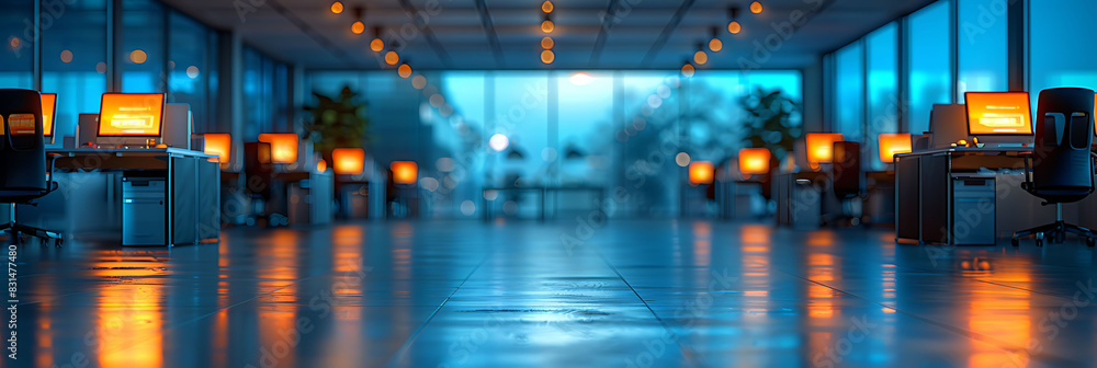 Poster abstract office scene with a soft blurry effect showing desks chairs and monitors out of focus captu