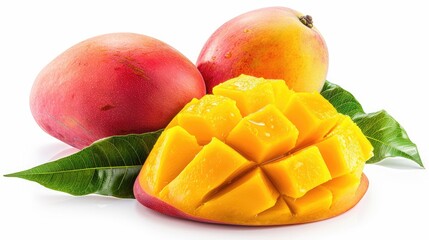 Fresh organic mango isolated with leaves and clipping path