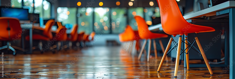Fototapete abstract office scene with a soft blurry effect showing desks chairs and monitors out of focus captu