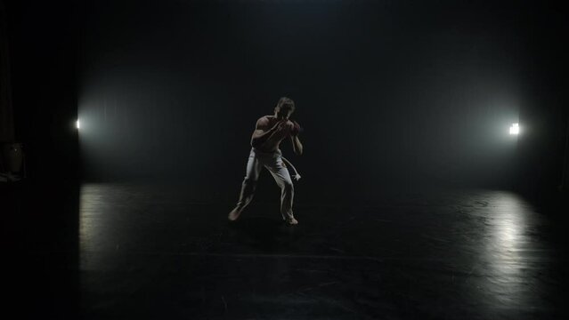 Group of a professional dancers are practicing capoeira in darkness against a spotlight on a black background of studio. Afro-Brazilian martial art that combine elements of dance.