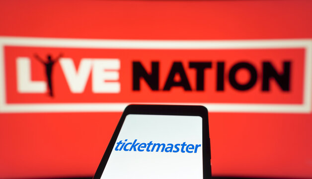 May 28, 2024, Brazil. In this photo illustration, the Ticketmaster logo is displayed on a smartphone screen and Live Nation Entertainment in the background.