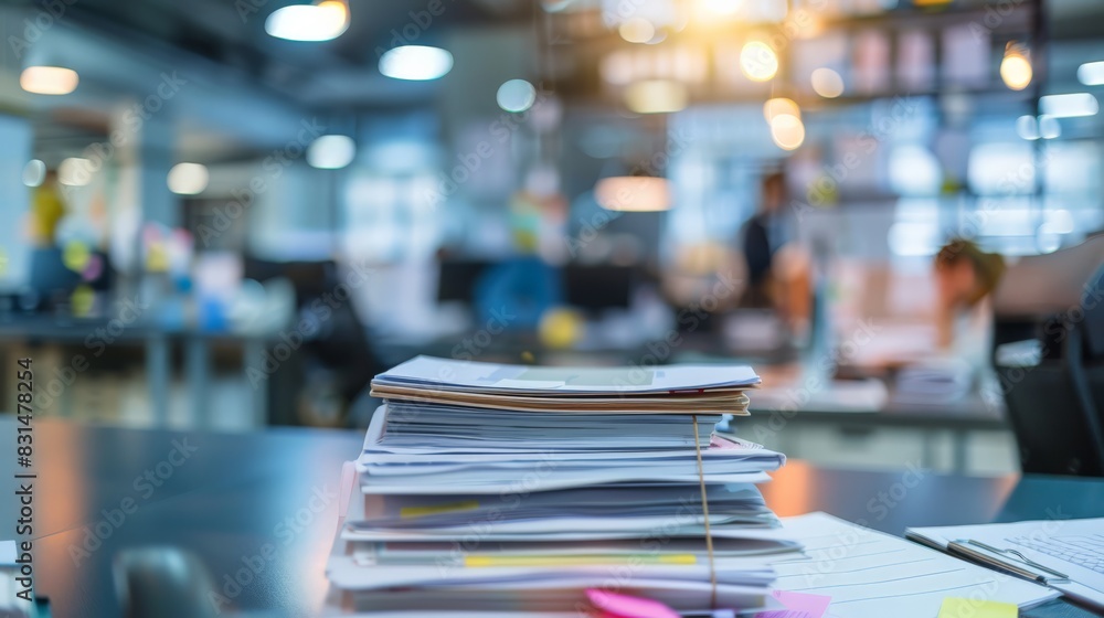 Poster Stack of paperwork on a desk in a busy office environment. Workload and administrative duties.