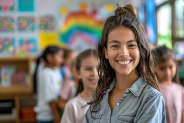Smiling Teacher with Happy Students in Colorful Classroom