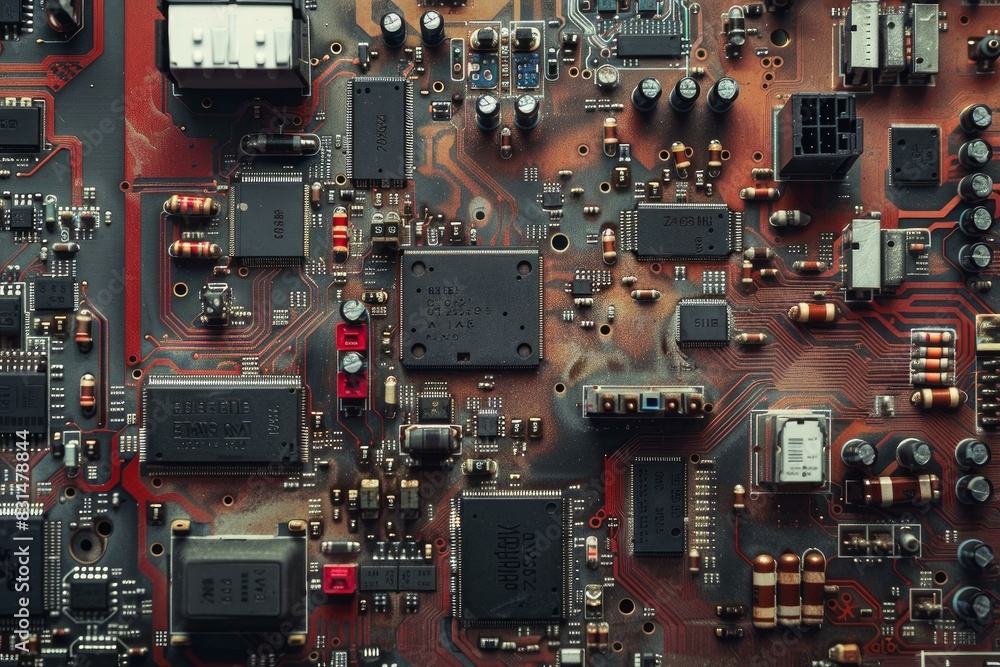 Poster detailed closeup of an intricate circuit board showcasing the complex integration of various electro