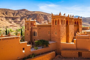 View of traditional riad kasbah house with beautiful Arabic architecture in Dades mountain valley,...
