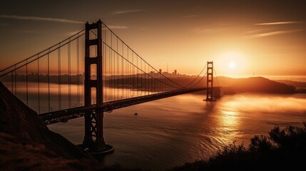 Golden Gate Bridge at Sunset with San Francisco Skyline in Background and Golden Hue Reflections on the Water