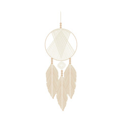 Dream catcher with threads, beads and feathers. Native american symbol in boho style. Vector tribal illustration. Ethnic indian dreamcatcher silhouette.