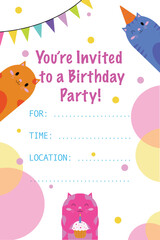 invitation to a birthday party for a child, bright drawing with cats