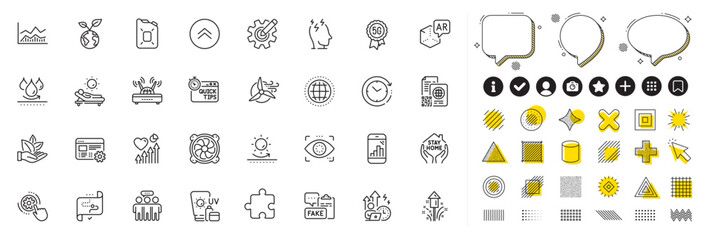 Set of 5g technology, Graph phone and Sun protection line icons for web app. Design elements, Social media icons. Puzzle, Globe, Cogwheel settings icons. Vector