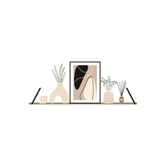Shelves with cozy interior decorations. Framed pictures, flower in vase, plant in pots, candles and candlesticks, homey stuff, decor items. Flat vector illustration isolated on white background