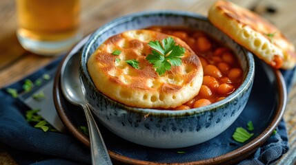 English muffin and baked beans served in a bowl on a blue cloth with a spoon - Powered by Adobe