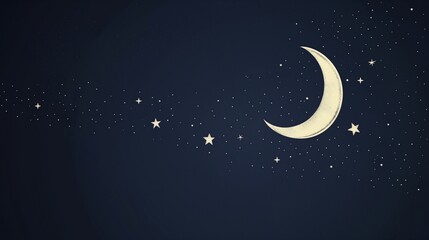 Obraz na płótnie Canvas Subtle Eid ul Adha illustration with white crescent moon and stars on a deep navy blue background for a calm night scene