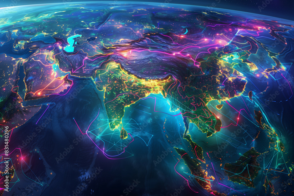 Poster global connectivity: a vibrant and intricate digital representation of the earth highlighting data f