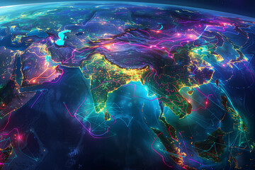 Fototapeta premium Global Connectivity: A Vibrant and Intricate Digital Representation of the Earth Highlighting Data Flows and Communication Networks Across Continents