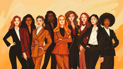 Happy International Women's day illustration, group of happy diverse women in suits of different races 