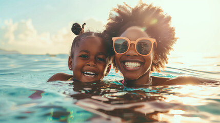 Happy smiling black african american mother and daughter swimming on summer vacation holiday 