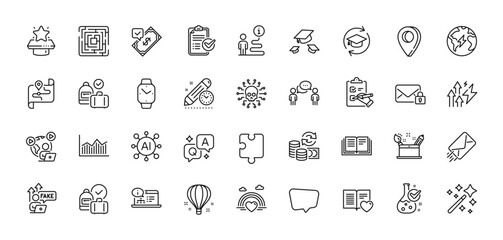 Support, Online documentation and Love book line icons pack. AI, Question and Answer, Map pin icons. Consulting business, Winner podium, Fake internet web icon. Vector