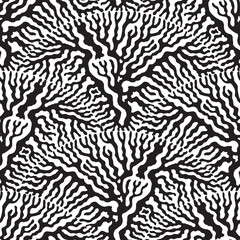 Vector wavy seamless pattern. Black and white fan shaped floral tracery from stems, branches of trees
