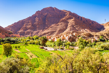 Green trees and farming fields in desert mountain landscape of Dades Gorge canyon, Morocco, North...