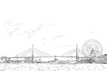 Osaka Castle. Japan. Hand drawn vector art illustration.