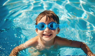 Naklejka premium A young child grinning with joy, wearing swimming goggles, in a sparkling clear blue pool. Summer day