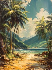 Beach with palm trees, painting painted with oil paints on canvas
