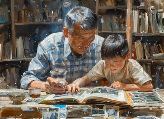 oil painting on canvas, Dad and son were lying on the floor at home and looking at family photos on a tablet
