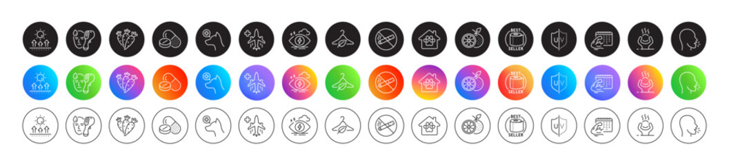Difficult stress, Carrots and Slow fashion line icons. Round icon gradient buttons. Pack of Stress, Sun protection, Uv protection icon. Toilet paper, Medical drugs, Pet shelter pictogram. Vector