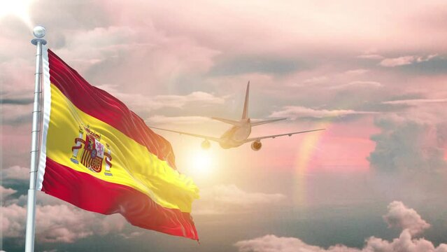 Spain flag Waving Realistic With Sky Plane Takes Off At Sunrise