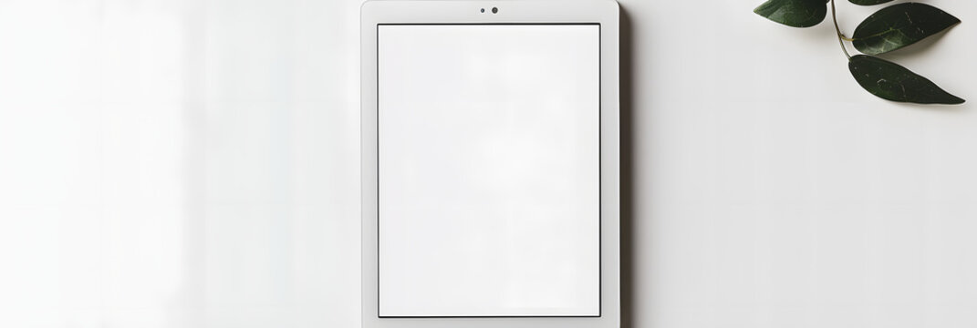 A modern e book reader is placed on a white background creating a flat lay composition with ample room for additional text