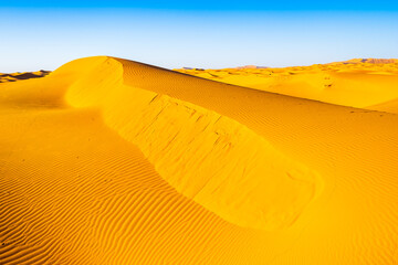 Sand dunes at Erg Chebbi Sahara desert at sunset near Merzouga town, Morocco, North Africa