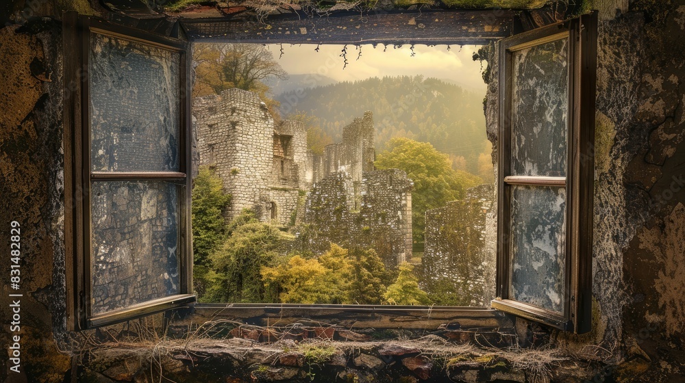 Sticker Castle ruins seen from a castle window