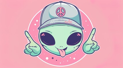Green Alien with baseball cap, peace sign, simple doodle, vector illustration style, flat design, pastel colors, pink background, simple details, american cartoon art style