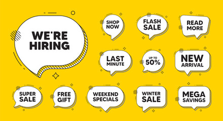 Fototapeta premium Offer speech bubble icons. We are hiring tag. Recruitment agency sign. Hire employees symbol. Hiring chat offer. Speech bubble discount banner. Text box balloon. Vector