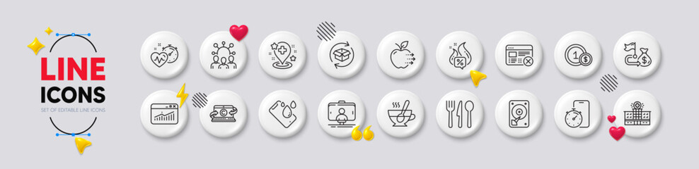 Timer app, Smartphone waterproof and Squad line icons. White buttons 3d icons. Pack of Reject web, Hospital building, Website statistics icon. Food, Hdd, Cardio training pictogram. Vector