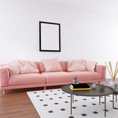 Living Room Single Wall Poster Frame Mockup with Beautiful Sofa. 3D render