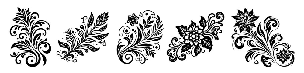 black and white floral ornament vector set